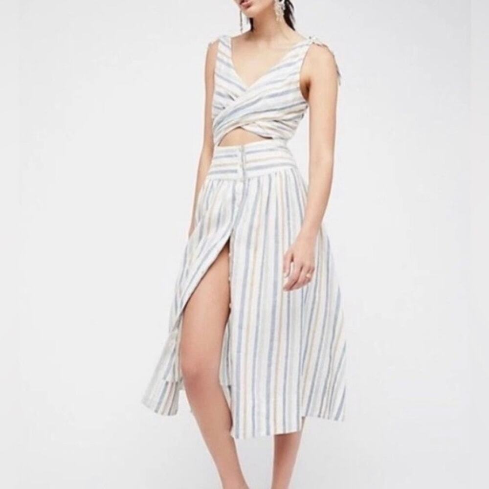 Free People Kansas City Girl Striped Midi Dress Tie Strap Size 2 Linen Blend